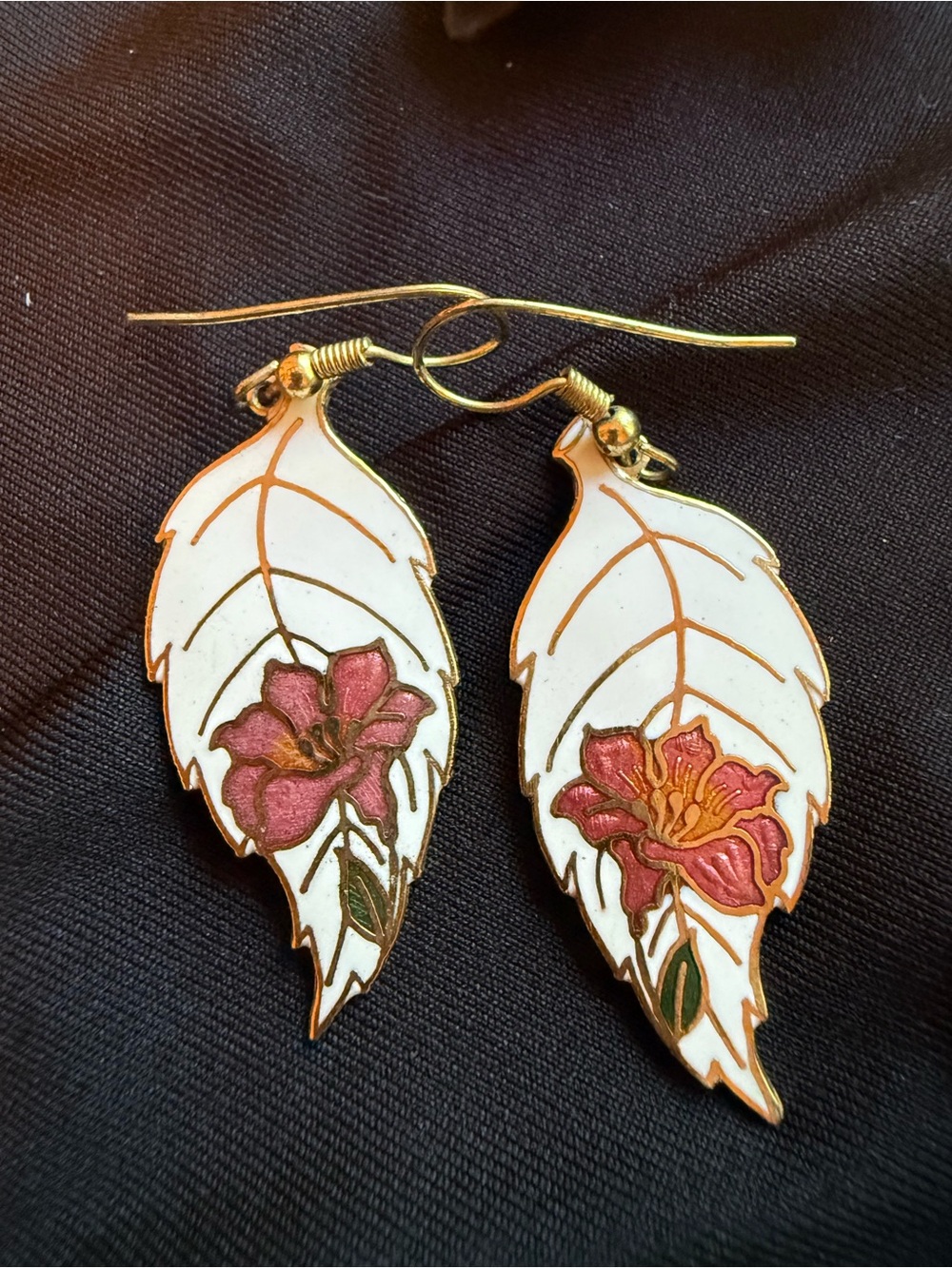 White Leaf Floral Drop Earrings with Pink Flowers - Women Jewelry
